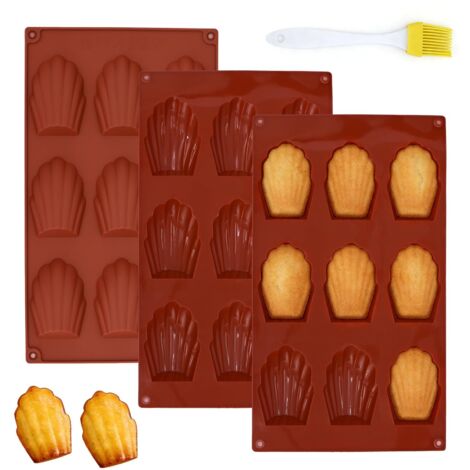 Juego de 3 moldes de silicona para magdalenas con 1 pincel, antiadherente, de 9 cavidades, con forma de concha, ideales para galletas, chocolate, dulces y pasteles.