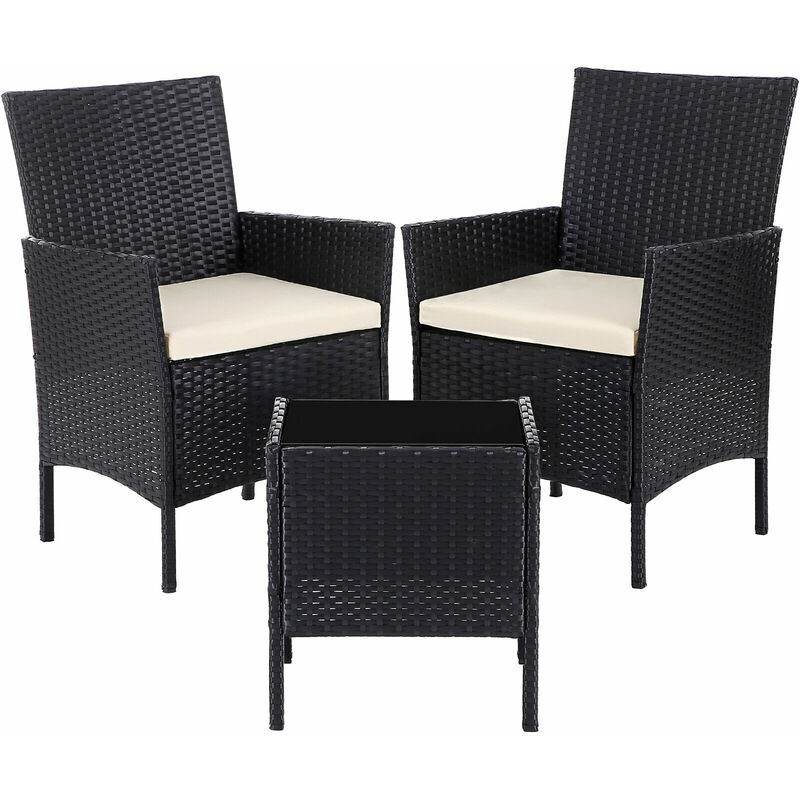

Juego de 3 Muebles de Jardín con Superficie Tejida, con 2 Sillas, 1 Mesa Auxiliar con Tapa de Cristal Templado, 2 Cojines con Fundas Extraíbles,
