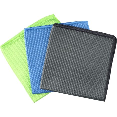 Juego de 3 paños de microfibra con diseño de gofre, 40 x 40 cm, reutilizables, para cocina, coche y moto (verde, azul y gris)