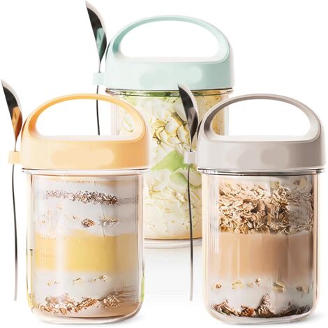 Juego de 3 recipientes de avena de 16 oz con cuchara, tapa con asa para facilitar el transporte, tarros de cristal Mason de gran capacidad con tapas herméticas para comidas nocturnas, recipiente reuti
