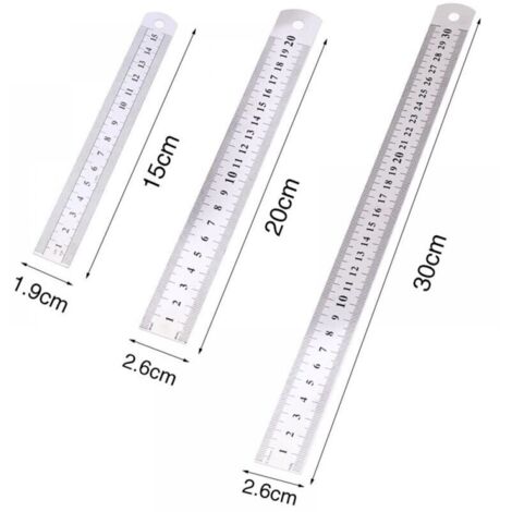 Juego de 3 reglas de acero de precisión: 15 cm (6 pulgadas), 20 cm (8 pulgadas), 30 cm (12 pulgadas). Regla de acero plateada.