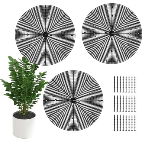 Juego de 3 rejillas negras para macetas, protector de base de maceta de 30 cm, cubierta de plástico para macetas con estacas para el suelo, rejilla de protección para plantas, ideal para niños y masco