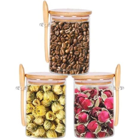Juego de 3 tarros de almacenamiento con tapas herméticas y cuchara, tarro de avena de 600 ml, apto para almacenar café, té, azúcar o especias, color madera.