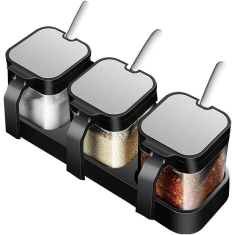 Juego de 3 tarros de especias de vidrio, tarros cuadrados transparentes con cuchara de acero inoxidable, especiero de cocina con base para almacenar condimentos, azúcar, sal, semillas y té (negro).