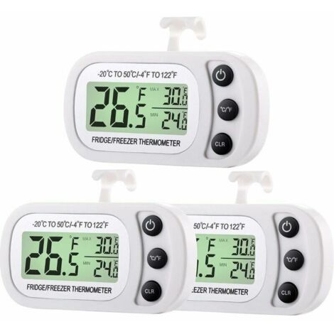 Juego de 3 termómetros digitales para refrigerador/congelador, termómetro de ambiente para refrigerador resistente al agua con función de registro de temperatura máxima/mínima y pantalla LCD grande.
