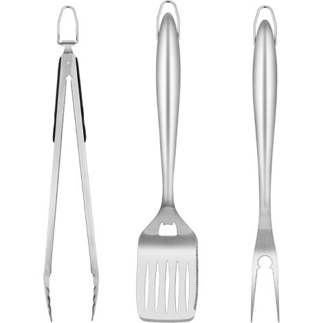 Juego de 3 utensilios de acero inoxidable para barbacoa, que incluye pinzas, espátula y tenedor para carne. Un regalo perfecto para hombres, apto para parrillas de gas, barbacoas y camping, con mangos