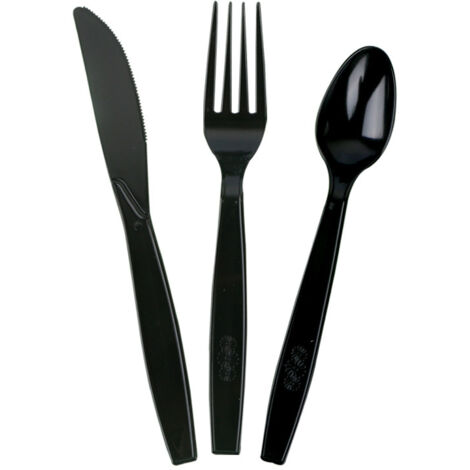 Juego de 300 cubiertos de plástico reutilizables, 100 tenedores, cuchillos y cucharas, ideal para vacaciones, reuniones familiares y acampadas (negro)
