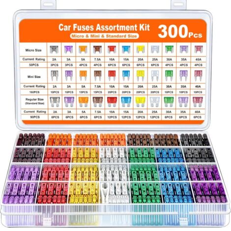 Juego de 300 fusibles para coche: 160 minifusibles, 90 medianos, 50 microfusibles y extractor, para coche, caravana, camión y motocicleta (2 A, 3 A, 5 A, 7,5 A, 10 A, 15 A, 20 A, 25 A, 30 A, 35 A, 40 