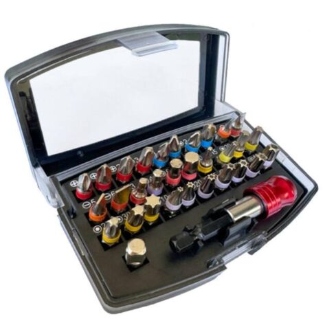 Juego de 32 puntas para destornillador S2 Bitbox (PH, PZ, Hex, Torx) con soporte para puntas para carpintería, uso doméstico, destornillador inalámbrico y taladro.