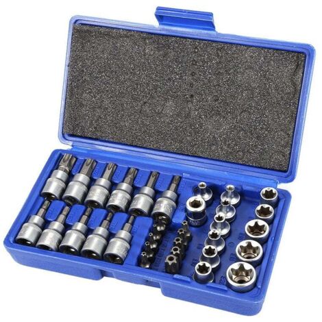 Juego de 34 vasos Torx ZVD de 3/8", material CR-V, perfil E4-E20, punta Torx de estrella de 5/16"-3/8", acero S2, perfil T10-T60