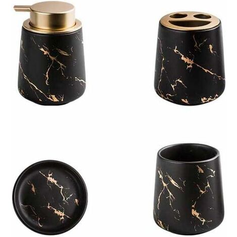 Juego de 4 accesorios de baño de cerámica jaspeada - Dispensador de jabón, portacepillos de dientes, vaso, jabonera - Negro mate
