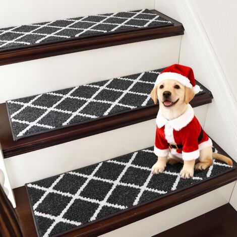 Juego de 4 alfombrillas antideslizantes para escaleras, 76 x 22 cm, lavables a máquina, 100 % poliéster, reverso autoadhesivo de TPE, ideales para niños, personas mayores y mascotas, color negro.