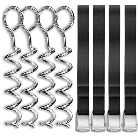 Juego de 4 anclajes de suelo para trampolín, piezas robustas para trampolín en espiral, juego de anclajes con correa ajustable y hebilla metálica, estacas galvanizadas y resistentes al viento para tra