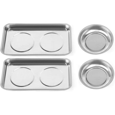 Juego de 4 Bandejas Imantadas de acero inoxidable Redonda y rectangular Para Tornilleria, Piezas, 150mm y 240mm