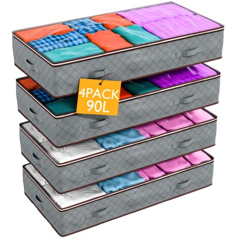 Juego de 4 cajas de almacenamiento de 90 L para debajo de la cama con tapa, bolsas plegables con cremallera y asas  Bolsas grandes para ropa de cama, mantas, edredones y colchas  Organizador