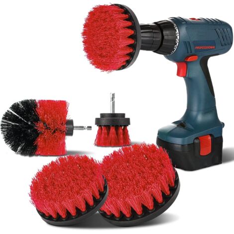 Juego de 4 cepillos para taladro, cerdas medianas, 5 cm, 8,9 cm, 10 cm y 12,7 cm, cepillo de limpieza, cepillo auxiliar, cepillos para bañera, suelo de baldosas y cocina, color rojo