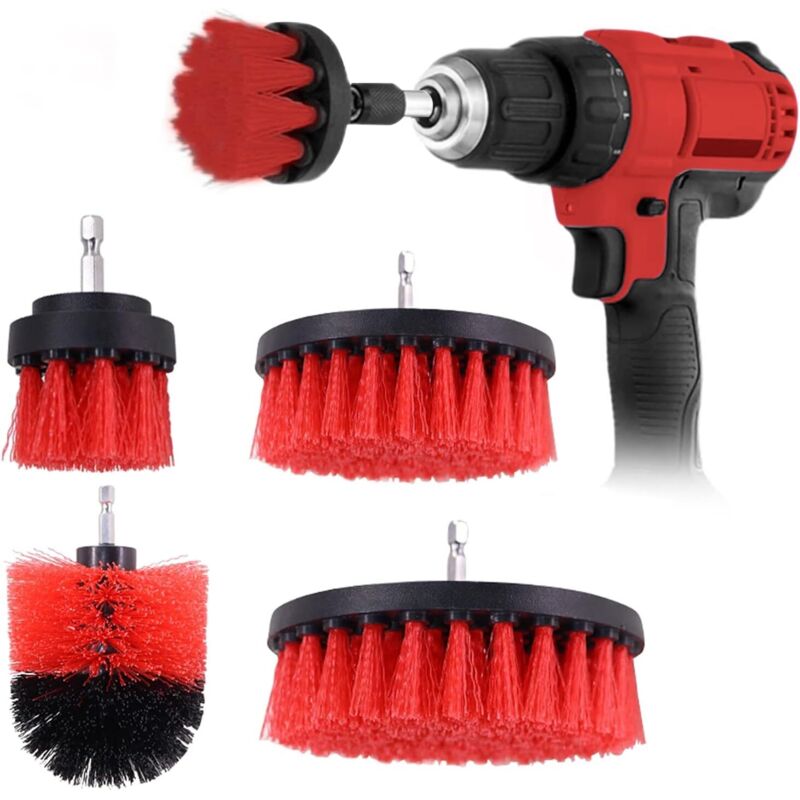 Juego de 4 cepillos para taladro eléctrico, con cerdas de 2, 3,5, 4 y 5 pulgadas, para limpieza de cocina y coche, color rojo