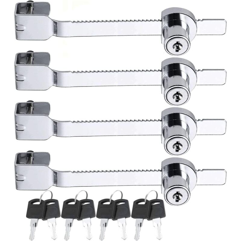 Juego de 4 cerraduras correderas de sierra con llave para vitrina de terrario vivario, cerradura de carraca, cerradura para vitrina de cristal,