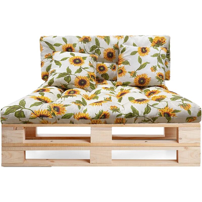 

Bravo Home - Juego de 4 cojines para el sofá Palette de interior/exterior - Asiento 120 x 80 x 10 cm + Respaldo 120 x 50 x 10 cm + 2 cojines