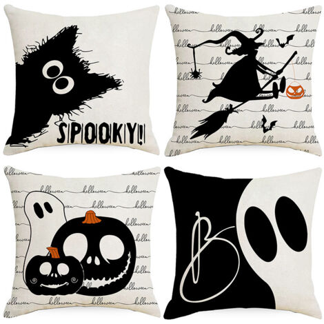 Juego de 4 cojines para sofá con temática de Halloween, fundas de cojín de lino blanco y negro con estampado de bruja (45x45 cm).