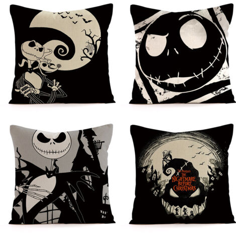Juego de 4 cojines para sofá con temática de Halloween, fundas de cojín de lino con divertidos estampados (45x45 cm)