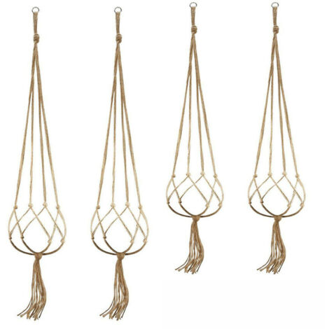 Juego de 4 colgadores de macramé vintage para plantas, aptos para interiores y exteriores, decoración bohemia, cuerda natural, listos para colgar.