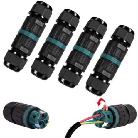 Juego de 4 conectores eléctricos impermeables IP68 de 3 clavijas para cable de Ø12 mm, caja de conexiones exterior para jardín y suelo.