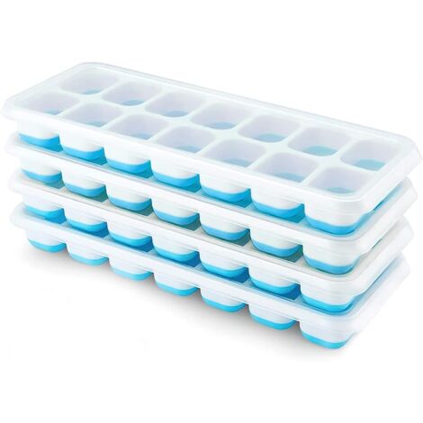 Juego de 4 cubiteras de silicona con tapa, cubiteras cuadradas fáciles de extraer (azul)