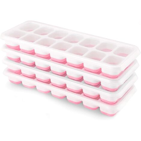 Juego de 4 cubiteras de silicona con tapa, cubiteras cuadradas fáciles de extraer (rosa)