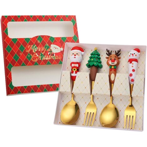 Juego de 4 cucharas y tenedores navideños: árbol de Navidad, Papá Noel, muñeco de nieve, reno, tenedores de té, tenedores de sopa, tenedores de café, cucharas para mezclar, tenedores para ensalada de 