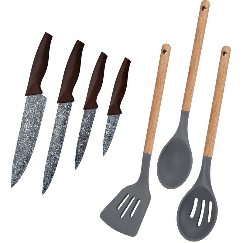

Juego de 4 cuchillos de cocina en acero inoxidable y set 3 utensilios de cocina colección Daimiel