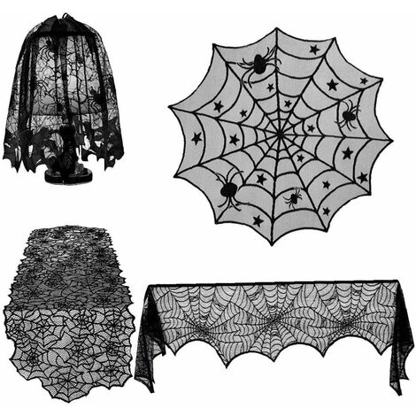 Juego de 4 decoraciones de Halloween, mantel de encaje de tela de araña rectangular, mantel de encaje de tela de araña redondo y cubierta de chimenea y bufanda para fiesta de Halloween