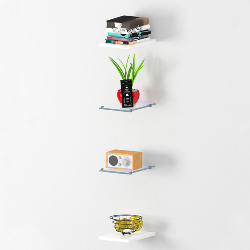 

Juego de 4 estantes de pared de madera y vidrio de diseño para paredes de salón. Joy Wall