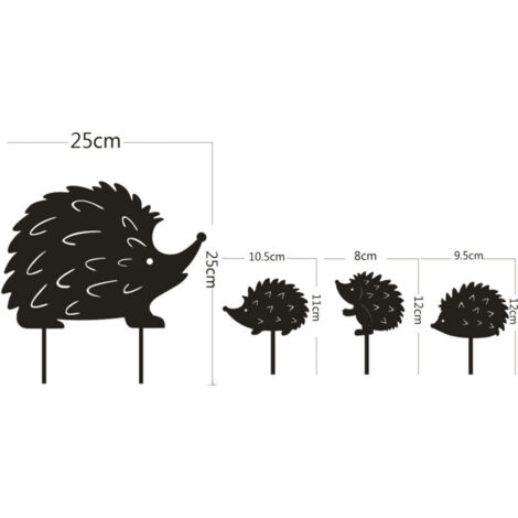Juego de 4 figuras de metal de hierro con forma de erizo, silueta de animal, adorno decorativo, color negro