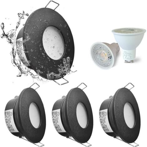 Juego de 4 focos LED empotrables impermeables IP65, 5W 3000K blanco cálido, ideales para iluminación de techo en baños y cocinas. Recorte de 68 mm, acabado níquel satinado y carcasa negra.