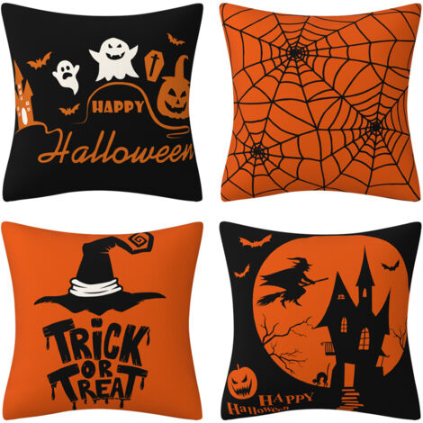 Juego de 4 fundas de almohada de Halloween, fundas de cojín de sofá con diseño de calabaza (45x45 cm)