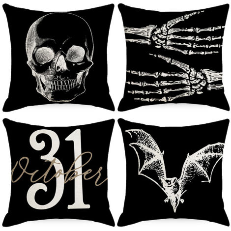 Juego de 4 fundas de almohada de lino con diseño de calaveras y murciélagos para Halloween, decoración navideña para el hogar, fundas para cojines de sofá (45x45 cm).
