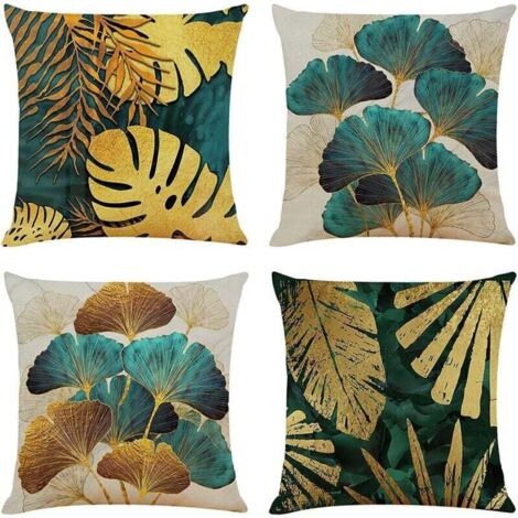 Juego de 4 fundas de cojín cuadradas de 40 x 40 cm con hojas verdes y doradas, fundas de cojín de sofá de lino para salón, fundas de cojín de sofá