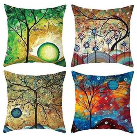 Juego de 4 fundas de cojín cuadradas de lino y algodón con diseño de árbol abstracto, 45 x 45 cm, para cama, coche, hogar y sofá.
