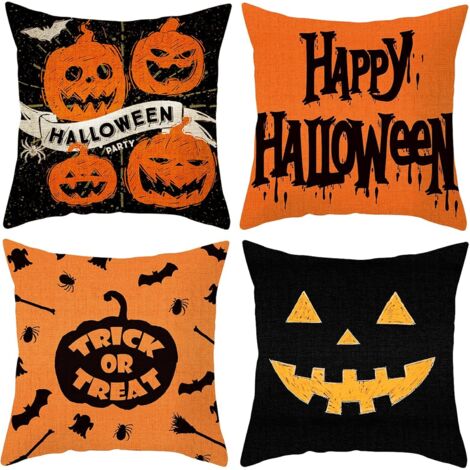 Juego de 4 fundas de cojín de Halloween, 45 x 45 cm, funda de almohada cuadrada, protector de cojín con cremallera invisible para sofá, dormitorio, sala de estar, decoración del hogar, negro y naranja