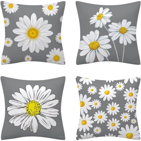 Juego de 4 fundas de cojín grises, 45 cm x 45 cm, con estampado floral amarillo y blanco, hechas de poliéster suave, decorativas para sala de estar, sofá, cama, fundas de almohada 45,7 x 45,7 cm