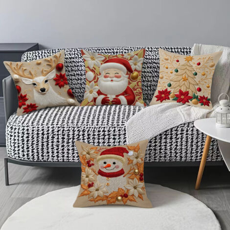 Juego de 4 fundas de cojín navideñas, 45 x 45 cm, diseño de muñeco de nieve, diseño de anciano, fundas de almohada decorativas para Navidad