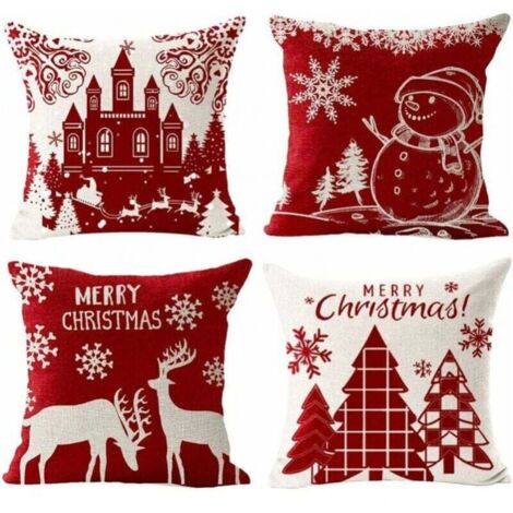 Juego de 4 fundas de cojín navideñas de algodón y lino con diseño de castillo de alce y muñeco de nieve para sofá, dormitorio, decoración del hogar, 45 x 45 cm