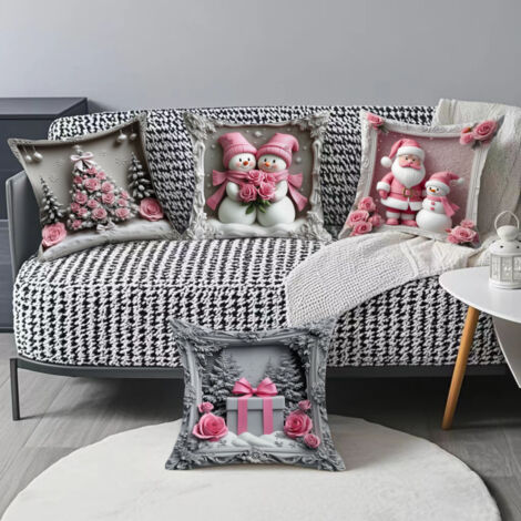 Juego de 4 fundas de cojín navideñas rosas, fundas de almohada navideñas de 45 x 45 cm, decoración navideña para sofá y dormitorio.