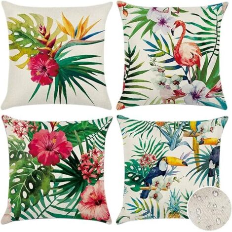 Juego de 4 fundas de cojín para exterior, impermeables, con estampado de plantas tropicales, flores y pájaros, para sofá, patio, jardín, sala de estar, dormitorio, 45 x 45 cm