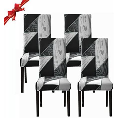 Juego de 4 fundas elásticas, extraíbles y lavables para sillas de respaldo alto, de elastano, para comedor, cocina o banquetes (estampado geométrico, negro).