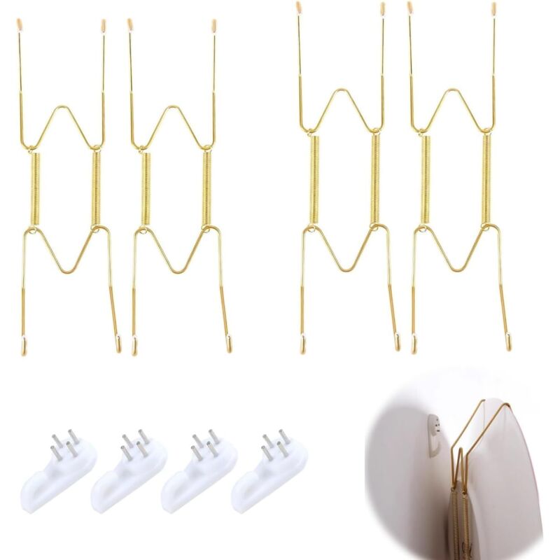 Juego de 4 ganchos de pared invisibles, color dorado, tamaño M (20 cm). Fabricados en hierro resistente, ideales para exhibir platos decorativos y