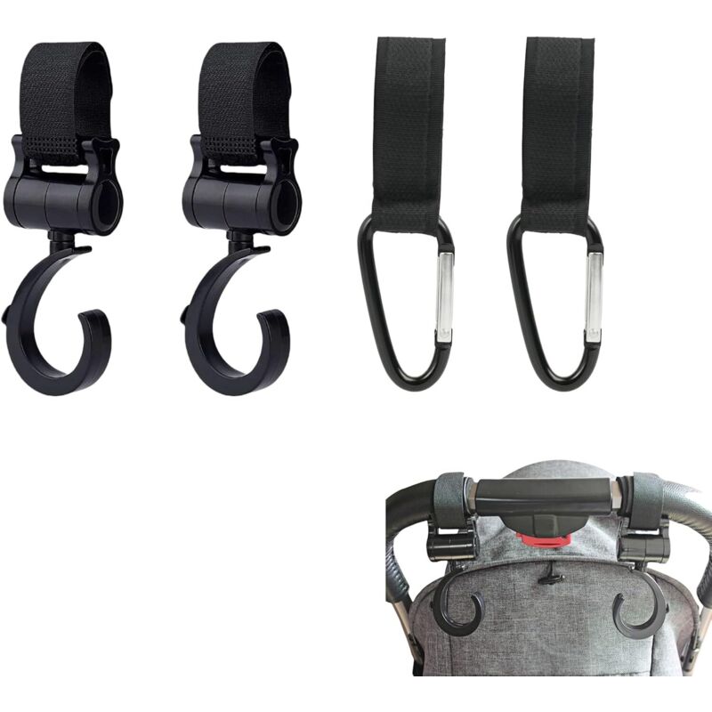 Juego de 4 ganchos universales para cochecito, adaptadores negros multifuncionales, accesorios resistentes y giratorios, ideales para bolsas de