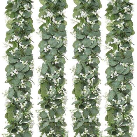 Juego de 4 guirnaldas de eucalipto plateado con flores blancas, de 1,80 m de largo y hojas artificiales. Ideales para arcos de boda, chimeneas y mesas. Decoración.