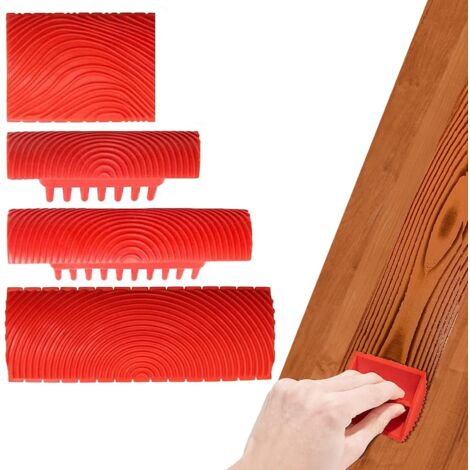 Juego de 4 herramientas de goma con efecto madera, herramienta de pintura de goma para pintar paredes, rodillo de pintura con efecto madera para paredes, muebles, puertas y marcos de ventanas.